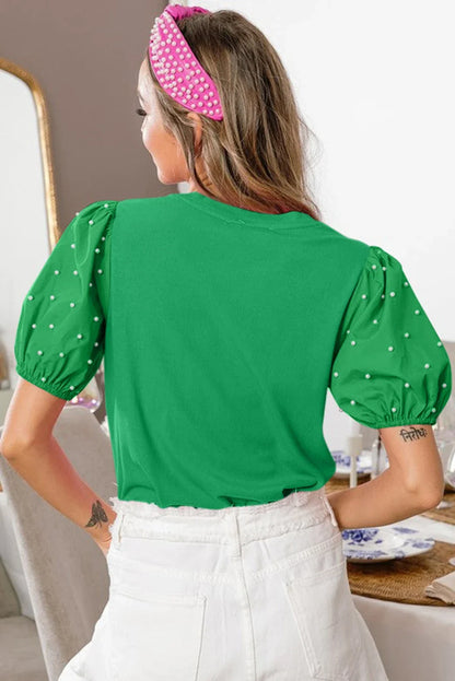 Sam - Bright Green Ribbed Pearl Beaded Puff Sleeve Blouse