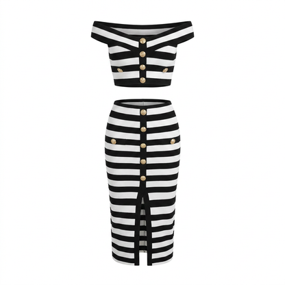 Confident Striped Button Two-Piece Set