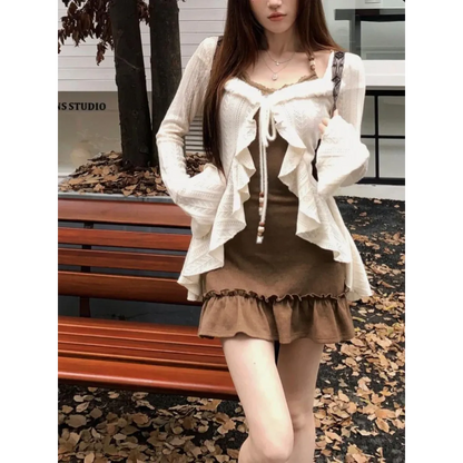 Retro Slim Camisole Dress & Ruffle Knit Cardigan