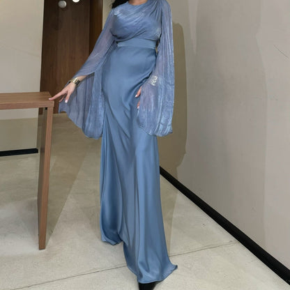 Cape Sleeve Gown with Tie-Back | Fitted Mermaid Maxi Dress(MS230)