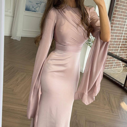 Cape Sleeve Gown with Tie-Back | Fitted Mermaid Maxi Dress(MS230)