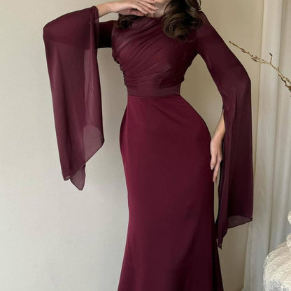 Cape Sleeve Gown with Tie-Back | Fitted Mermaid Maxi Dress(MS230)