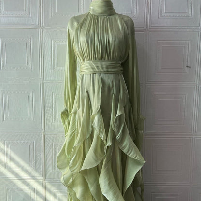 Cascading Ruffle Gown | High Neck Tie-Waist Maxi Dress(MS231)