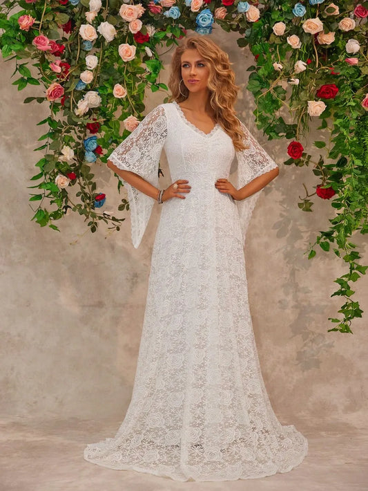 Bell Sleeve Lace Wedding Gown
