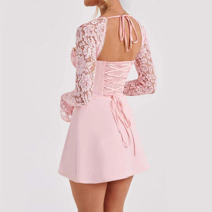 Y2K  Lace Long Sleeve Dress Fashion Sexy Corset Backless Lace Up Short Dresses Womens Clothing