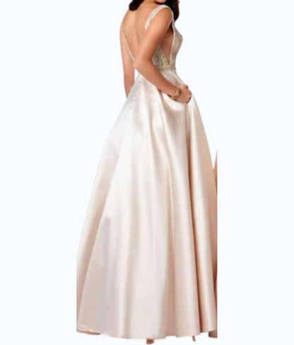 Beaded V-neck Satin A-line Evening Gown