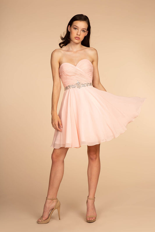 Ruched strapless sweetheart chiffon short homecoming dress