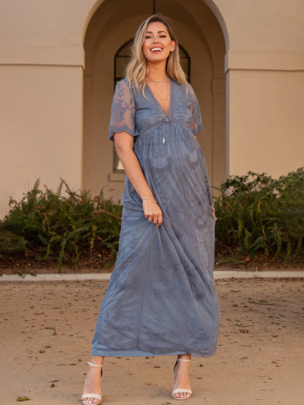 Maternity Lace Dress - Short Sleeve V-Neck High Waist Dress