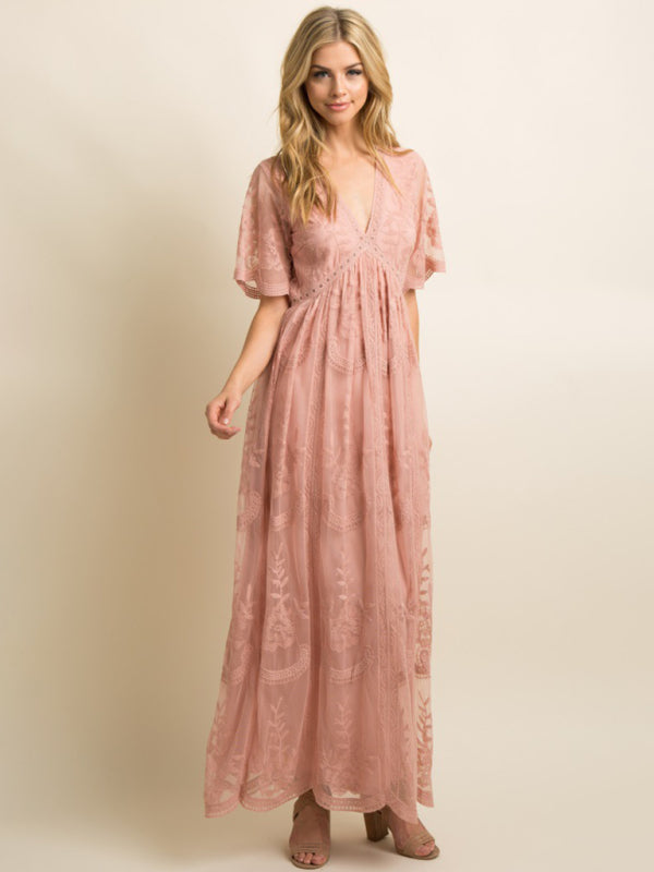 Maternity Lace Dress - Short Sleeve V-Neck High Waist Dress
