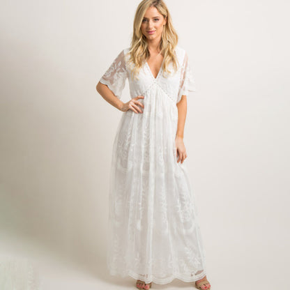 Maternity Lace Dress - Short Sleeve V-Neck High Waist Dress