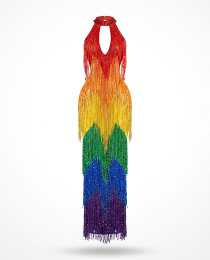[PRE ORDER] Vibrant Rainbow Fringe Mesh Maxi Dress