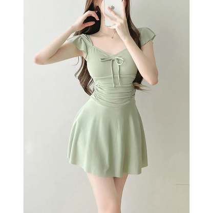Mauve Ruffle Sleeve One Piece Swimsuit – Bow Detail Mini Dress Style
