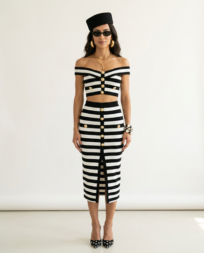 Confident Striped Button Two-Piece Set