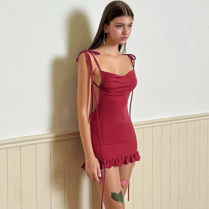 Y2K Lace-Up Open Back Mini Dress - Sexy Slim Fit Skirt