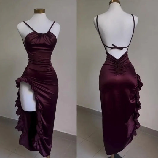 Y2K Sexy Halter Dress - Ruffled High-Slit Spice Girl Gown